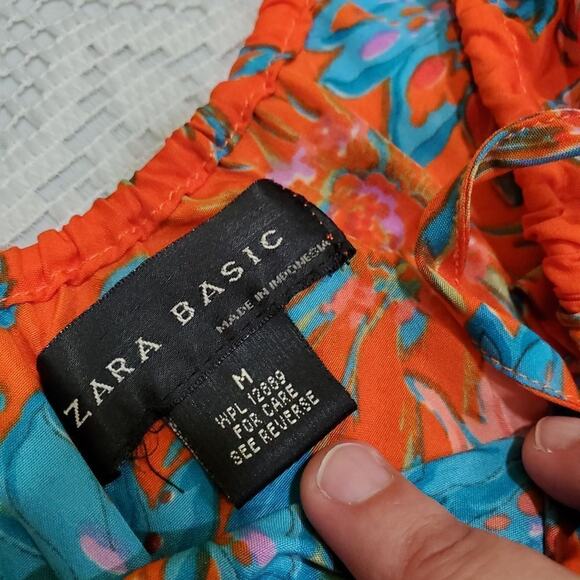 Zara Basic Orange Blue Floral Short Sleeve Tiered Mini Dress M - Picture 8 of 8